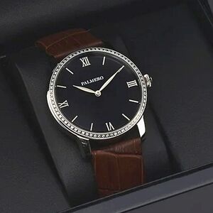 Palermo Watch Brown Leather Embossed Moissanite gemstone Bezel Luxury Watch